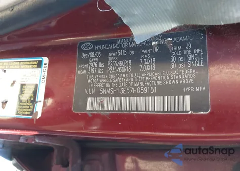 2007 Hyundai Santa Fe Limited/Se from USA, damaged, VIN 5NMSH13E57H059151